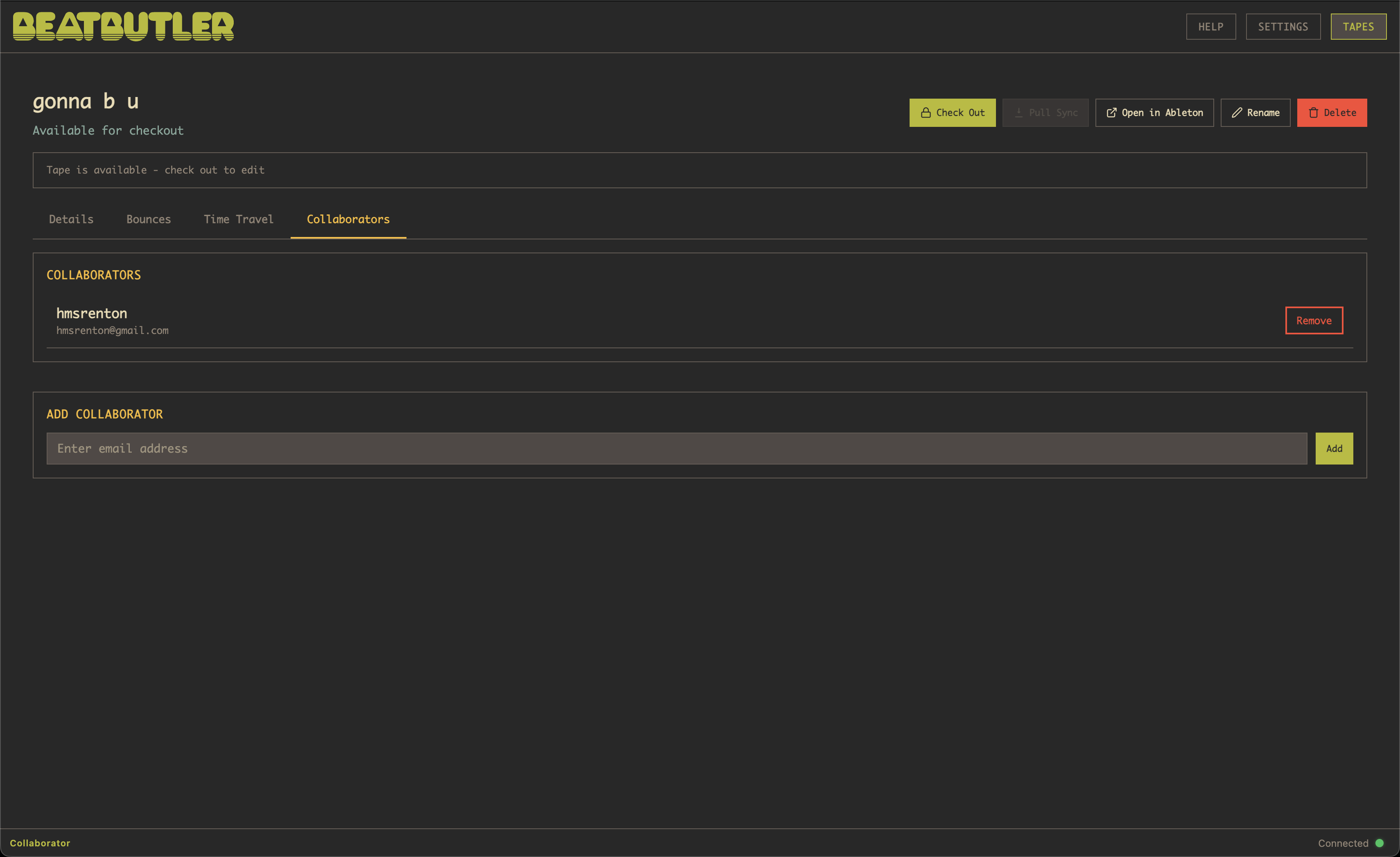 Collaborators tab showing shared users and activity log